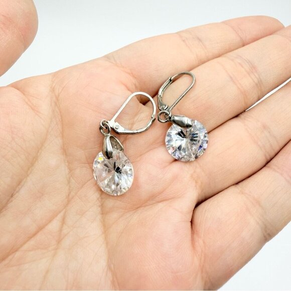 Silver Tone Round White Crystals Dangle Hook Stud Earrings - Picture 2 of 4